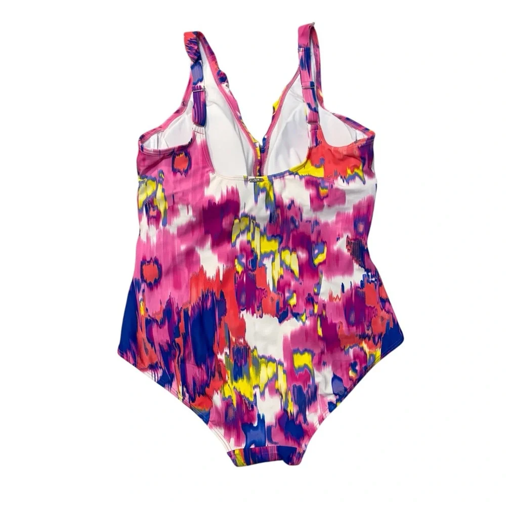 DKNY Ruffle Neck One-Piece Floral Slimming UV Protection Swimsuit - Picture 3 of 12